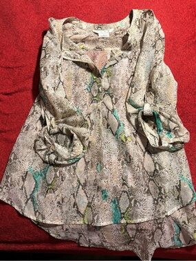 Como Light Taupe Snake Print Blouse with Teal Accents Size Medium